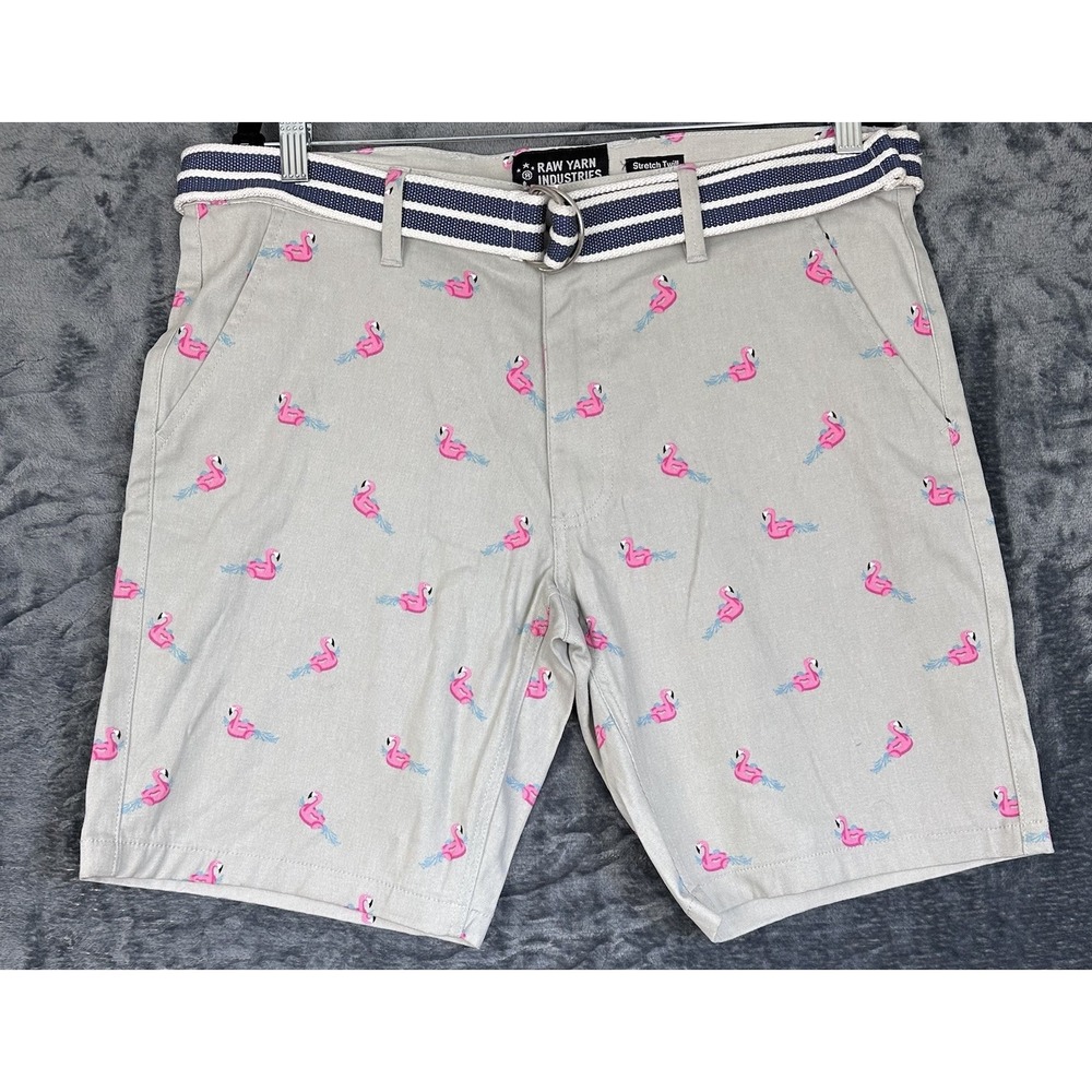 Raw Yarn Floating Bright Pink Flamingos on Grey Mens Shorts w/Belt Sz 34 Preppy